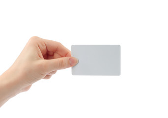 Fototapeta premium Hand holds charge card on white background