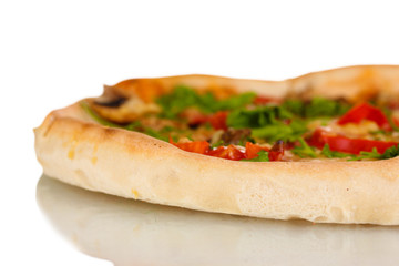 delicious pizza with sausage and vegetables isolated on white