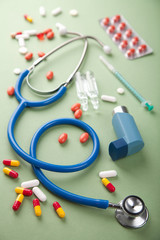 stethoscope and pills