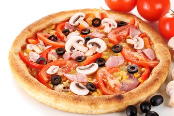 Aromatic pizza with vegetables and mushrooms close-up isolated
