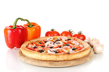 Aromatic pizza with vegetables and mushrooms isolated on white