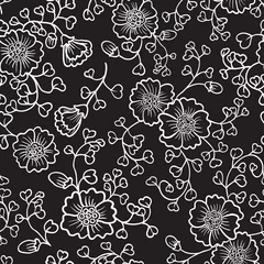 Tableaux sur verre Fleurs noir et blanc Floral doodle abstrait mignon sans soudure