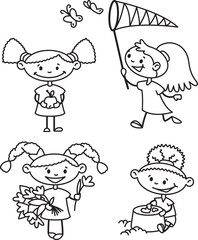 Set with cute girls caracters, outline version