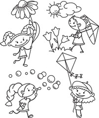 Set with cute girl caractesr, outline version