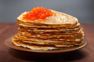 Russian pancakes  with red caviar