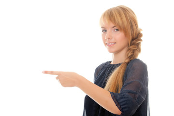 young woman points to the object