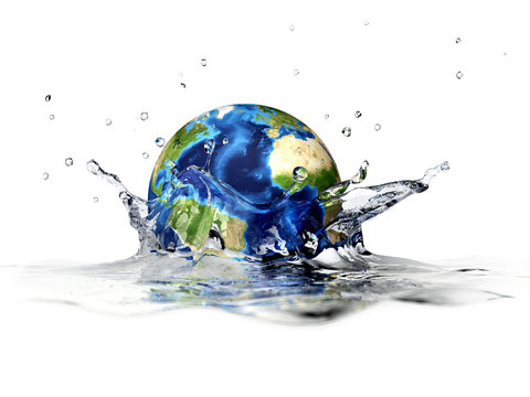 Planet Earth, falling into clear water, forming a crown splash.