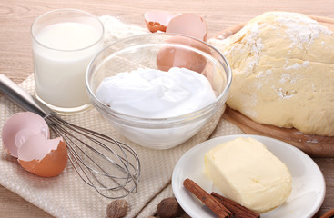 Ingredients for the dough wooden table