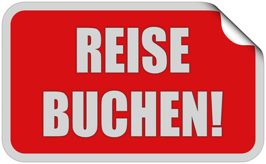 Sticker rot eckig curl oben REISE BUCHEN!