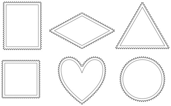 Variations of postage stamp templates in the shape of a rectangle, rhombus, triangle, square, heart and circle. Illustration on white background. Vector.