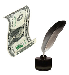 US Dollar, inkwell, feather. Writing and money.