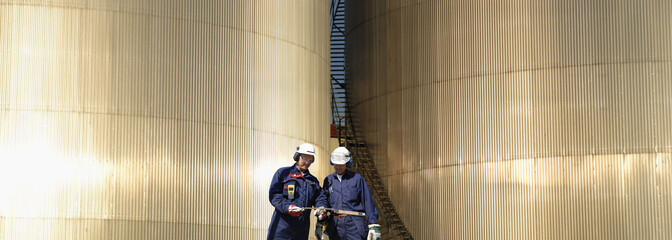 fuel-storage towers and oil-workers