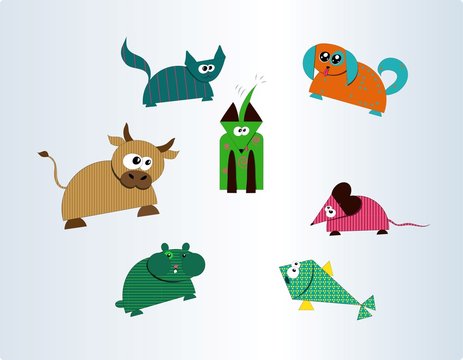 Collection of seven cute farm and pet animals