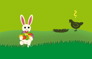 weißer Osterhase klaut einer Henne die Eier aus dem Nest