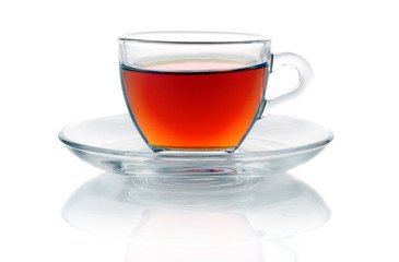 Cup of hot black tea isolated on white
