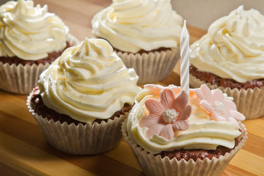 Closeup vanilla muffin with small candle