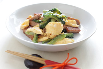 Asian food, spam and bitter melon stir fried