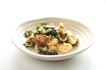 Asian food, bitter melon and pork stir fried