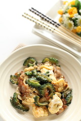 Asian food, bitter melon and pork stir fried