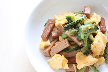 Okinawa food, bitter melon and ham stir fried