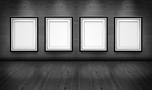 Empty picture frames in the art gallery wood black white room