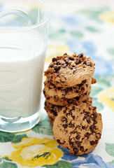 chocolate chip cookies and glass of milk for a breakfast