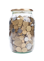 Coins in the jar on white background