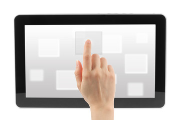 Woman hand with touch screen interface on grey background