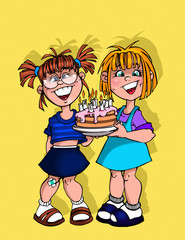 two girls with birthday cake