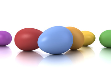 colorful eggs on reflecting white ground, frontal view