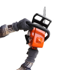 man hands holding a chainsaw