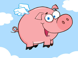 Happy Pig Flying In A Sky