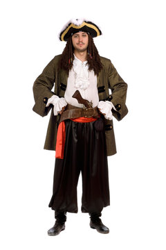 man in a pirate costume with pistol. Isolated