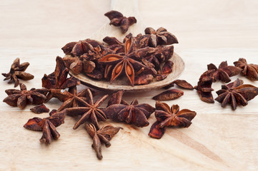 Star Anise on wooden serving spoon with selective focus