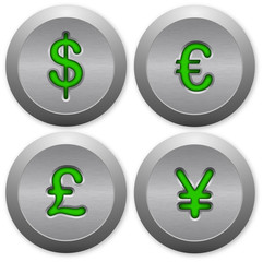 Isolated vector currency symbols on metal buttons