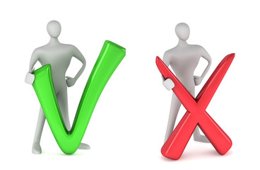 3d person with a green tick and 3d person with red negative symb
