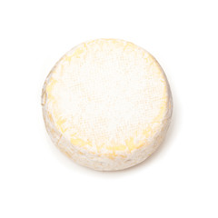 Petit Reblochon cheese isolated on a white studio background.