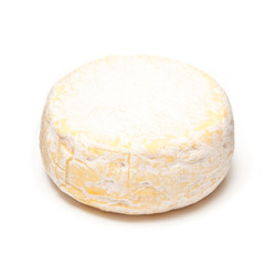Petit Reblochon cheese isolated on a white studio background.
