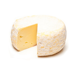 Petit Reblochon cheese isolated on a white studio background.