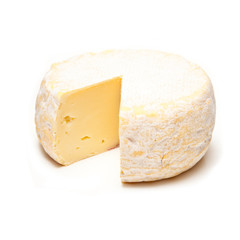 Petit Reblochon cheese isolated on a white studio background.