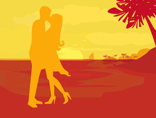 Fototapeta premium silhouette couple kissing on tropical beach