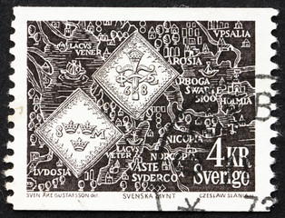 Postage stamp Sweden 1971 Blood-money Coins and Old Map of Swede