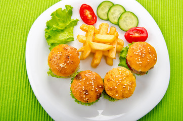 Burgers with french fries in plate
