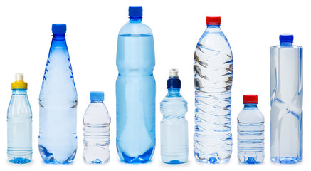 Many water bottles isolated on white