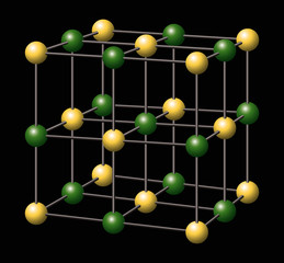 Sodium Chloride, NaCl, Salt. Sodium and Chloride ions a forming the three-dimensional cubic crystal structure of Sodium chloride. Illustration on black background. Vector.