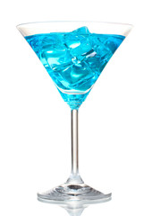 Blue cocktail in martini glass with ice isolated on white