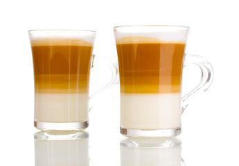 Fragrant сoffee latte in glass cups isolated on white