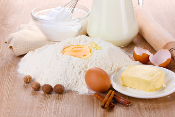 Ingredients for the dough wooden table