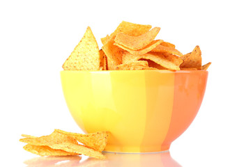 tasty potato chips in yellow  bowl isolated on white