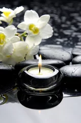Rolgordijnen aromatherapy candle and zen stones with branch white orchid © Mee Ting